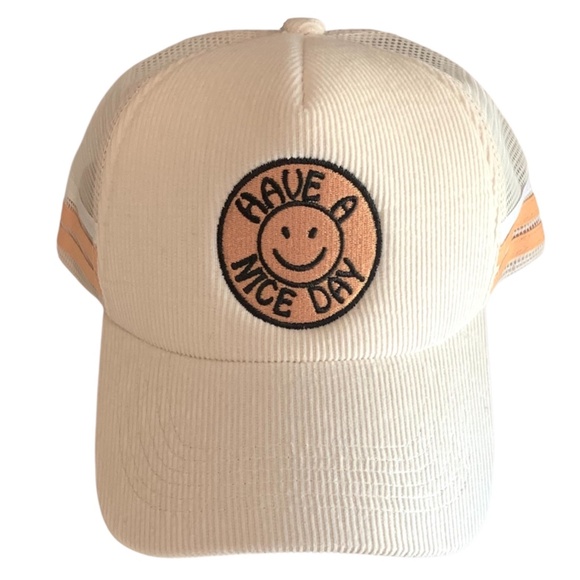 Anthropologie Worn/West NWOT Have A Nice Day Trucker Hat Corduroy Smiley Face OS - Picture 1 of 7